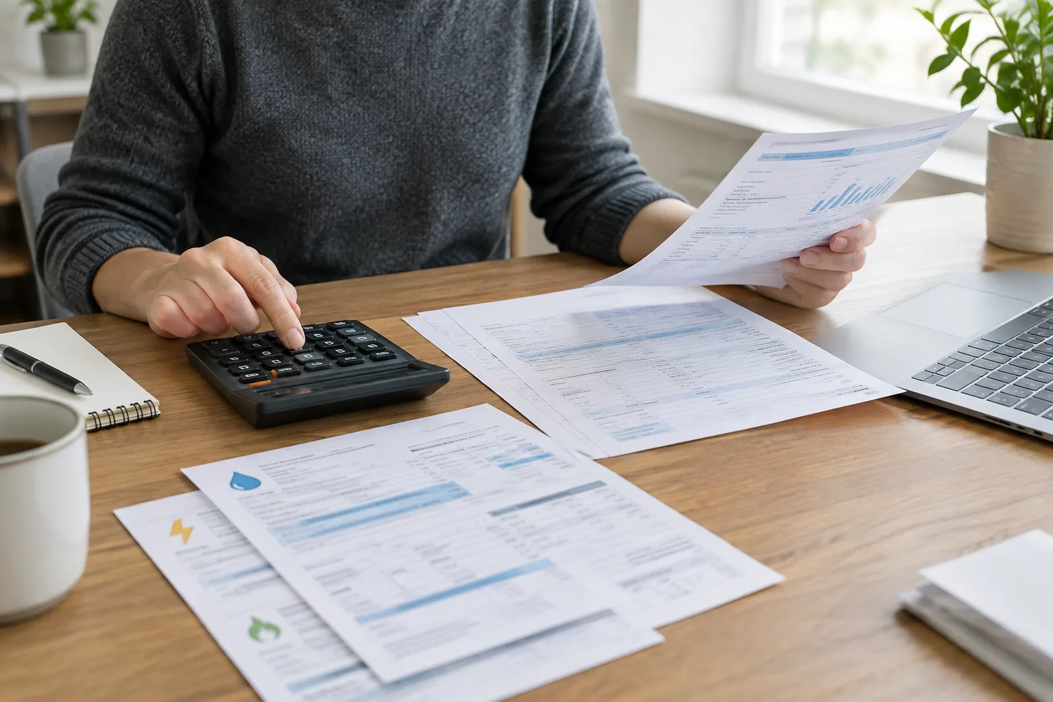 Documents de dépenses et calculatrice consultés pour vérifier les charges d’un logement.