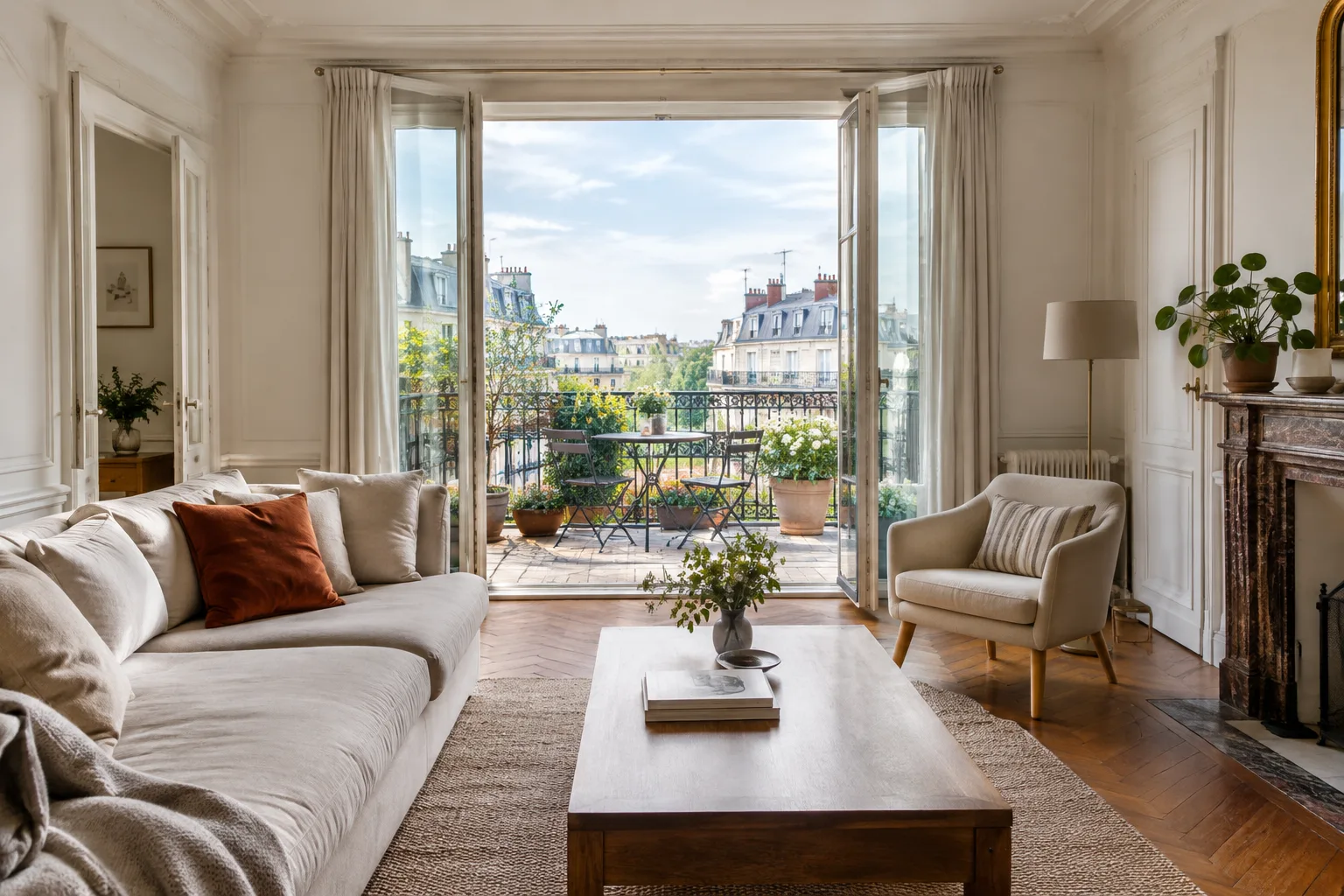 Intérieur lumineux d’un appartement avec une baie vitrée donnant sur un balcon en ville.