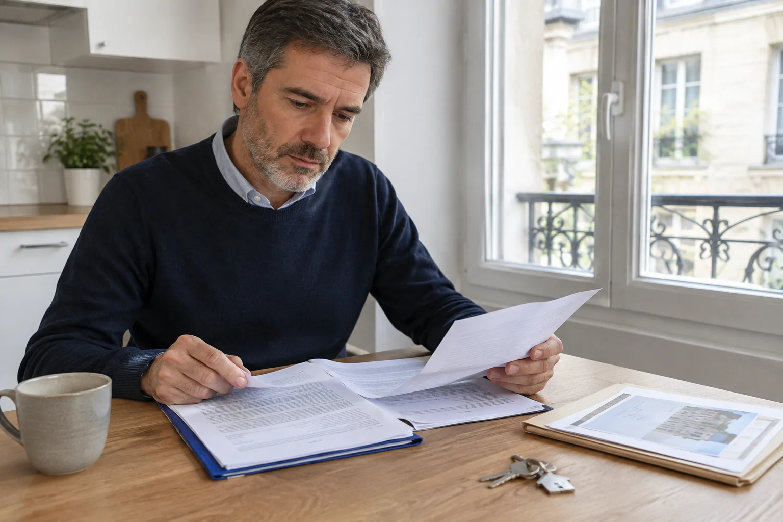 Documents de location et clés posés sur une table près d’une fenêtre d’appartement.