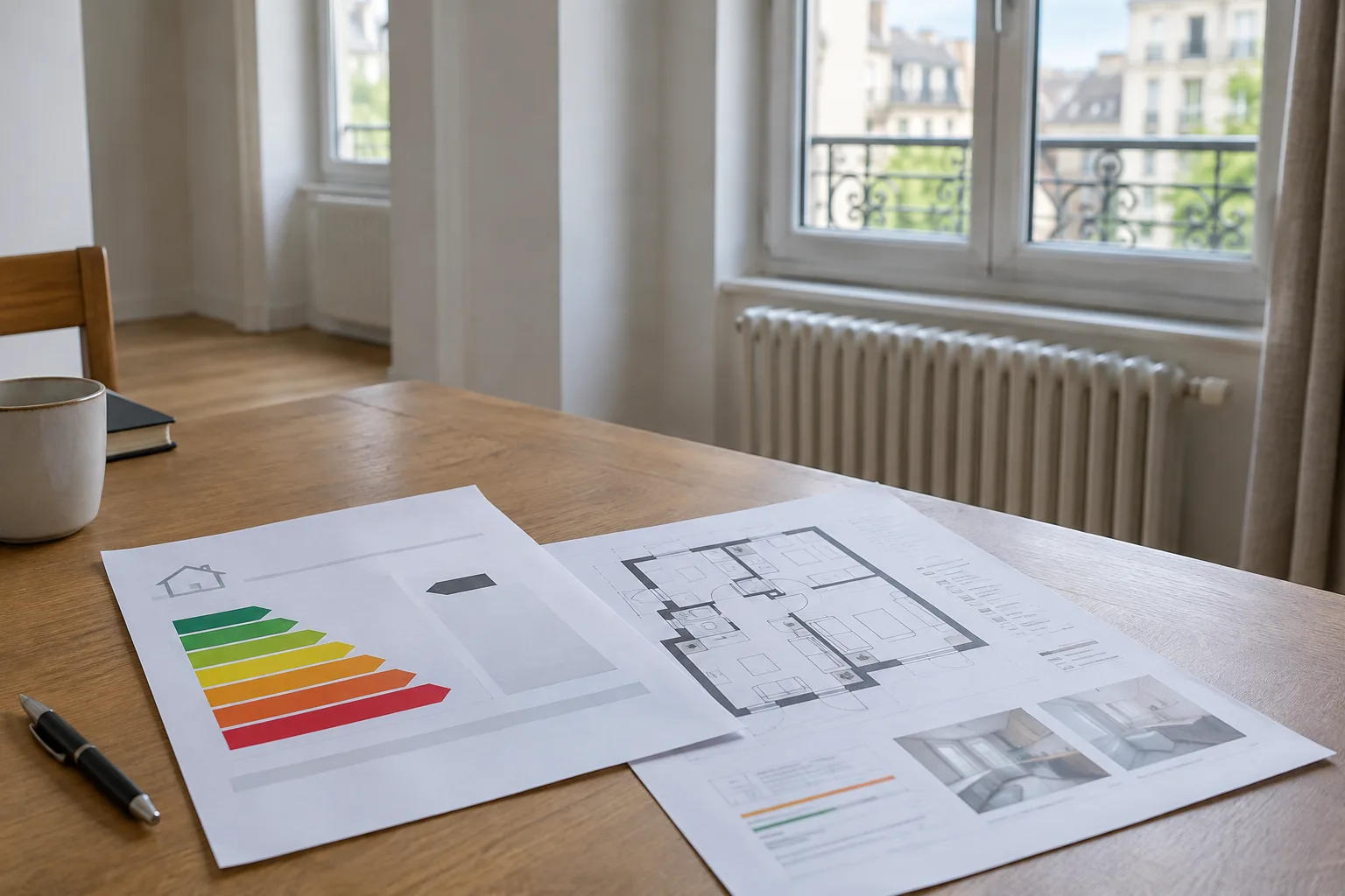 Un diagnostic énergétique et un plan de travaux posés dans un appartement à louer.