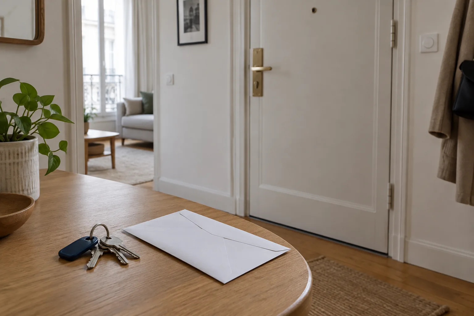 Une enveloppe et des clés posées dans l’entrée d’un logement locatif.