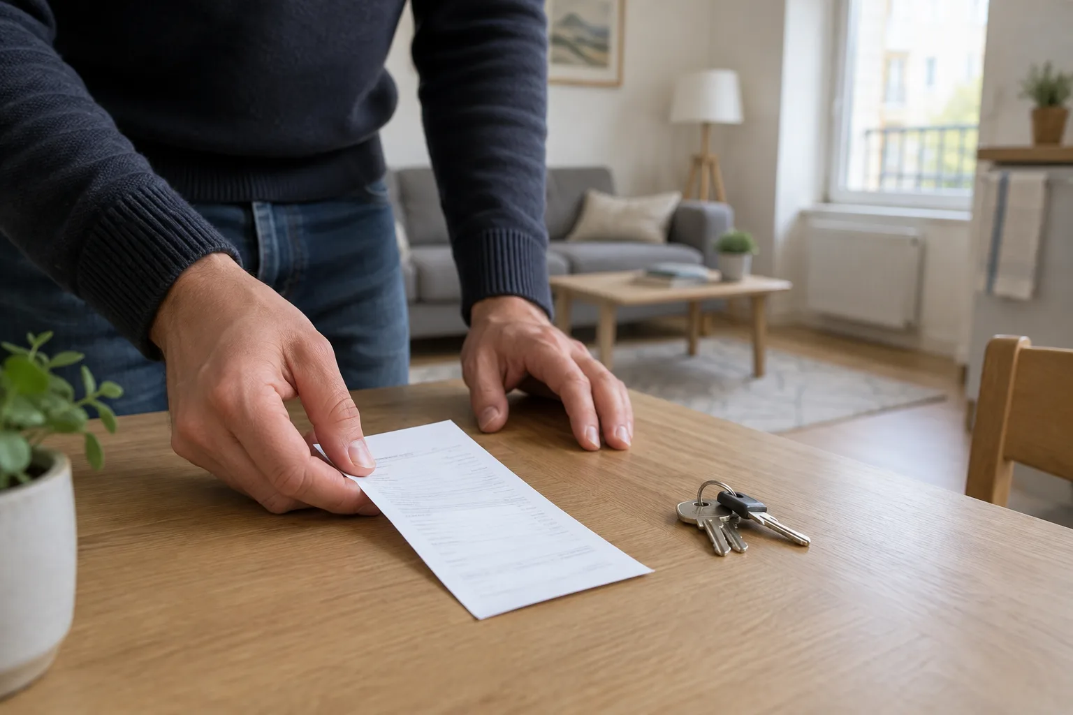 Une main pose un justificatif de paiement près des clés d’un logement.