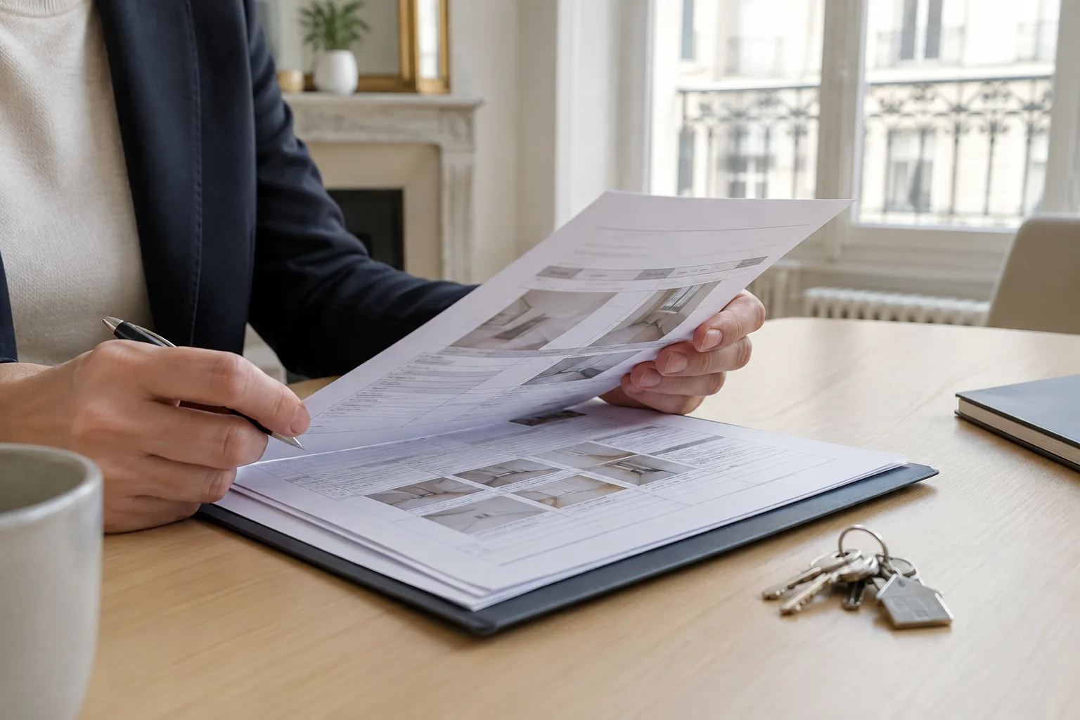 Des clés et un état des lieux de sortie posés sur une table dans un logement.