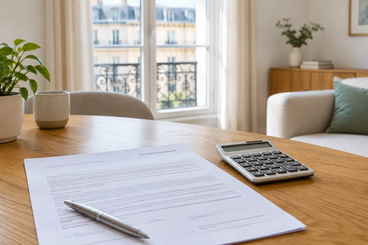 Un bail de location et une calculatrice posés sur un bureau dans un appartement lumineux.